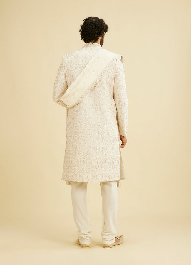 Manyavar Men Cream White Self Patterned Rhinestone Embellished Sherwani Set