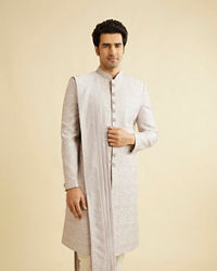 Manyavar Men Smoke Grey Self Patterned Rhinestone Embellished Sherwani Set