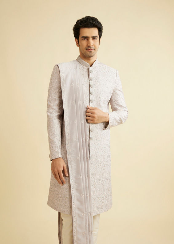 Manyavar Men Smoke Grey Self Patterned Rhinestone Embellished Sherwani Set