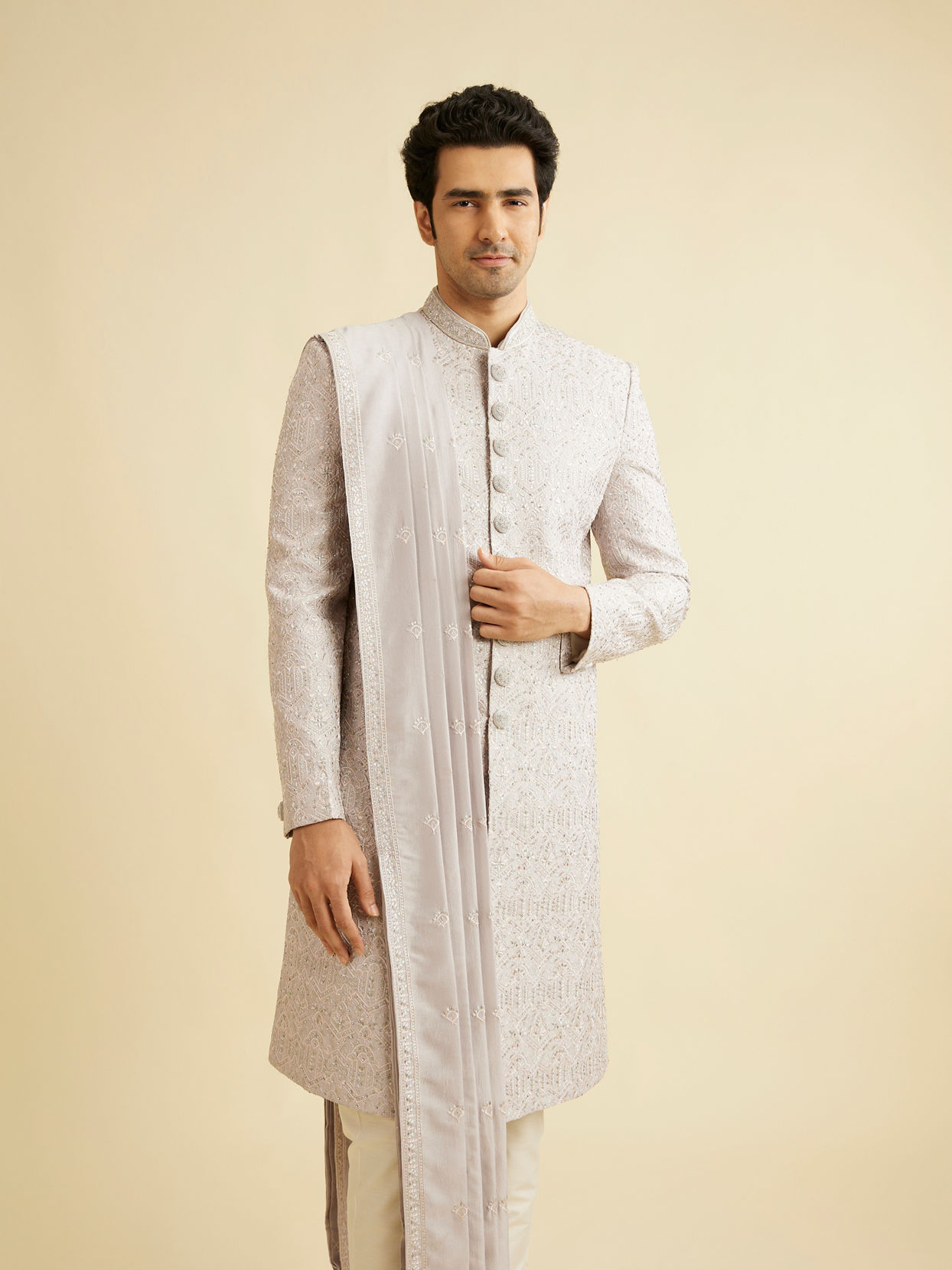 alt message - Manyavar Men Smoke Grey Self Patterned Rhinestone Embellished Sherwani Set image number 0