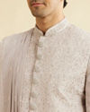 alt message - Manyavar Men Smoke Grey Self Patterned Rhinestone Embellished Sherwani Set image number 1