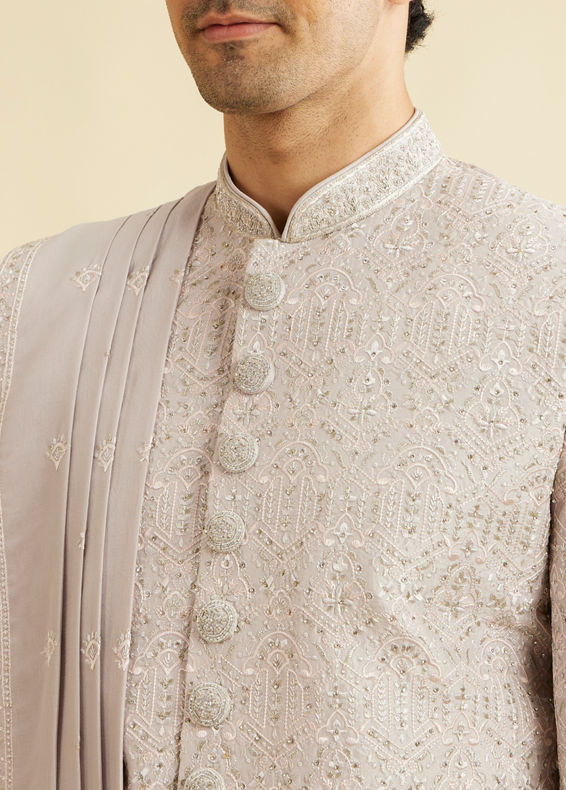 Manyavar Men Smoke Grey Self Patterned Rhinestone Embellished Sherwani Set