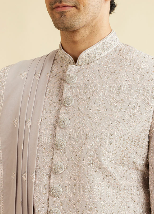 alt message - Manyavar Men Smoke Grey Self Patterned Rhinestone Embellished Sherwani Set image number 1