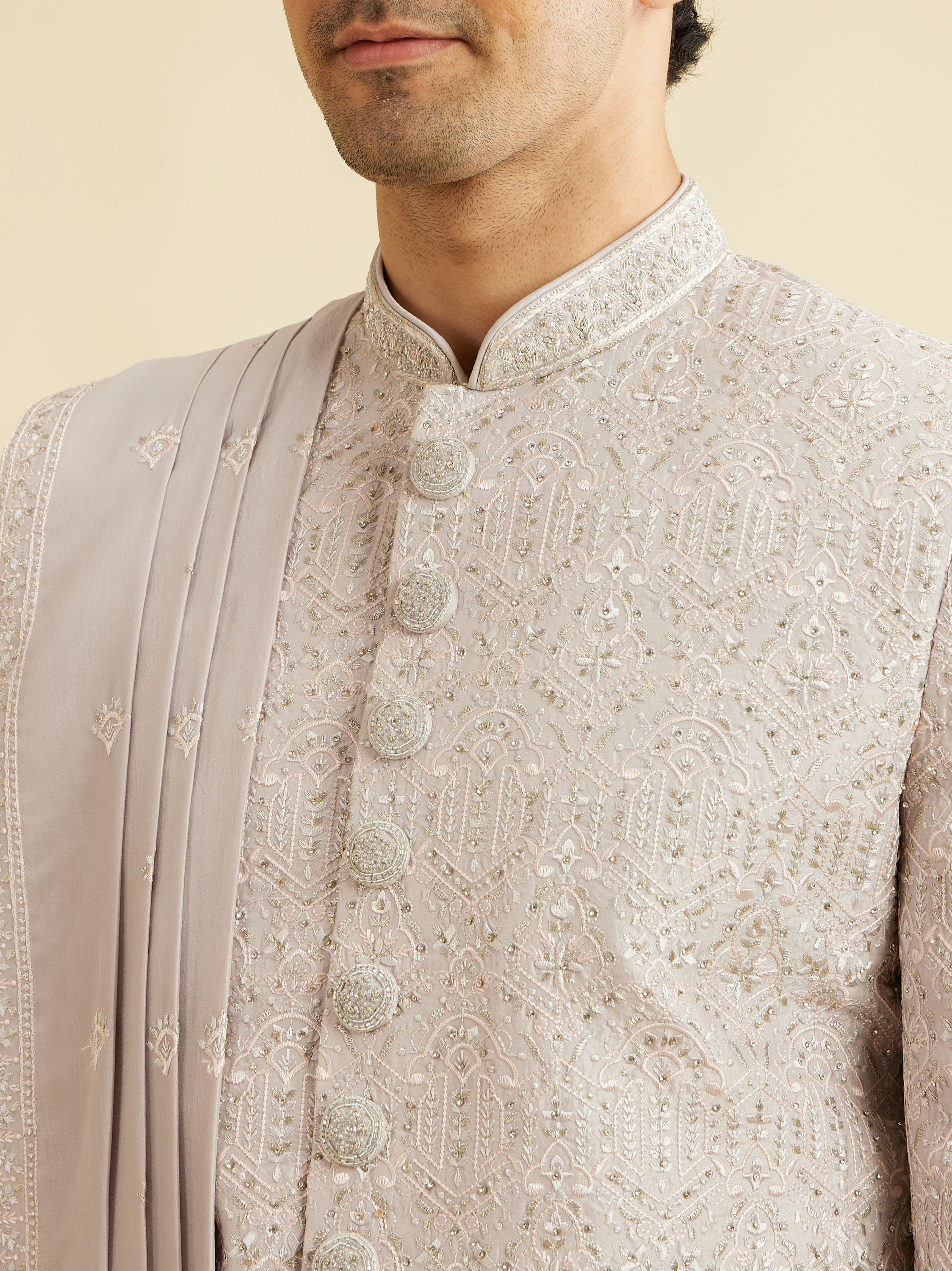 Manyavar Men Smoke Grey Self Patterned Rhinestone Embellished Sherwani Set