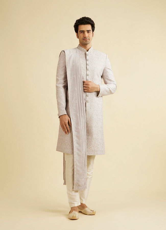 alt message - Manyavar Men Smoke Grey Self Patterned Rhinestone Embellished Sherwani Set image number 2