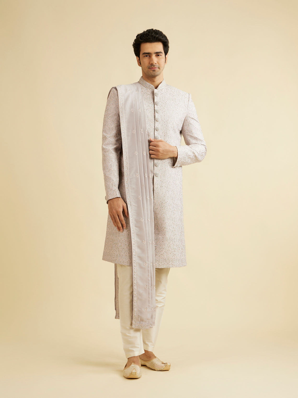 alt message - Manyavar Men Smoke Grey Self Patterned Rhinestone Embellished Sherwani Set image number 2