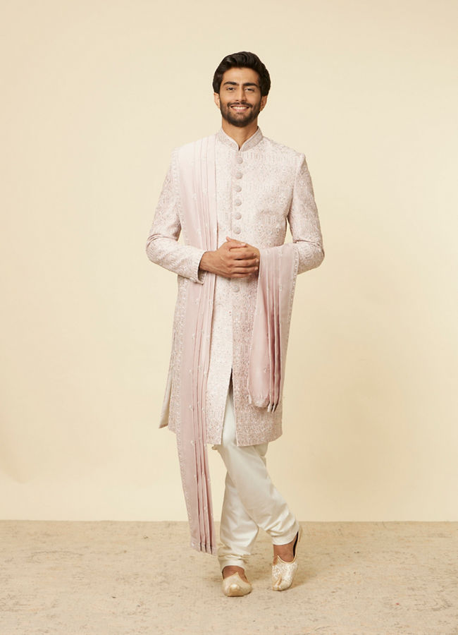 alt message - Manyavar Men Cloud Pink Self Patterned Rhinestone Embellished Sherwani Set image number 2