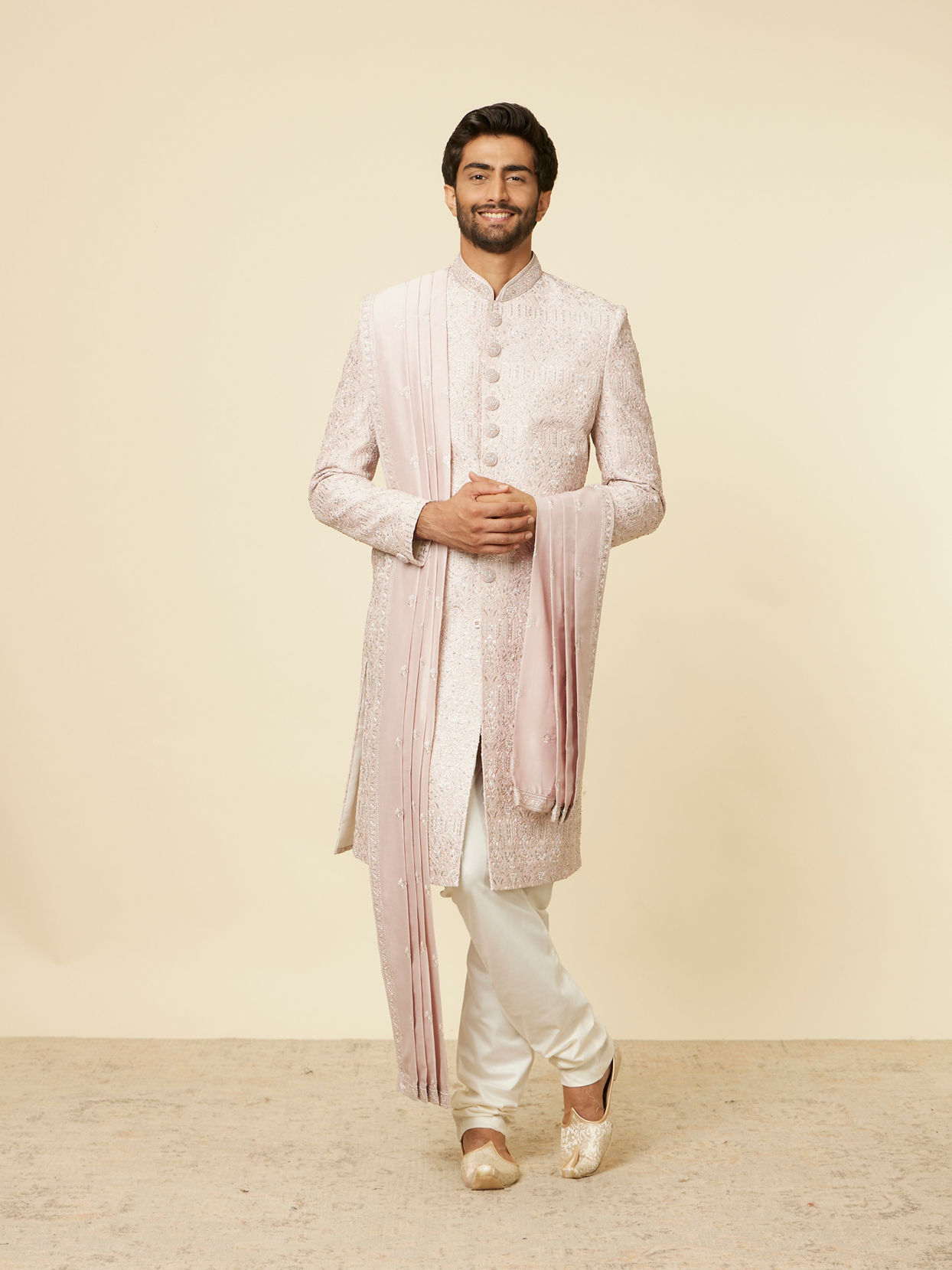 alt message - Manyavar Men Cloud Pink Self Patterned Rhinestone Embellished Sherwani Set image number 2