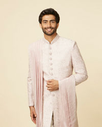 Manyavar Men Cloud Pink Self Patterned Rhinestone Embellished Sherwani Set