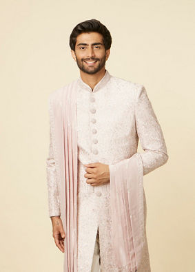 alt message - Manyavar Men Cloud Pink Self Patterned Rhinestone Embellished Sherwani Set image number 0