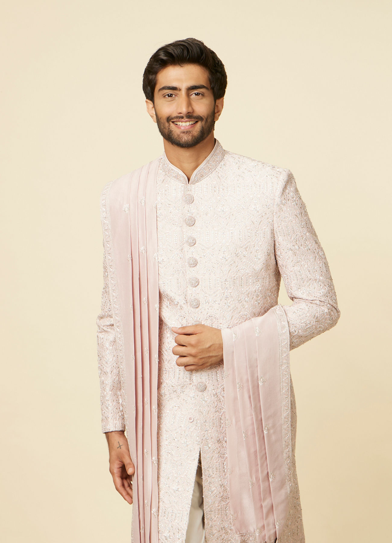 Manyavar Men Cloud Pink Self Patterned Rhinestone Embellished Sherwani Set