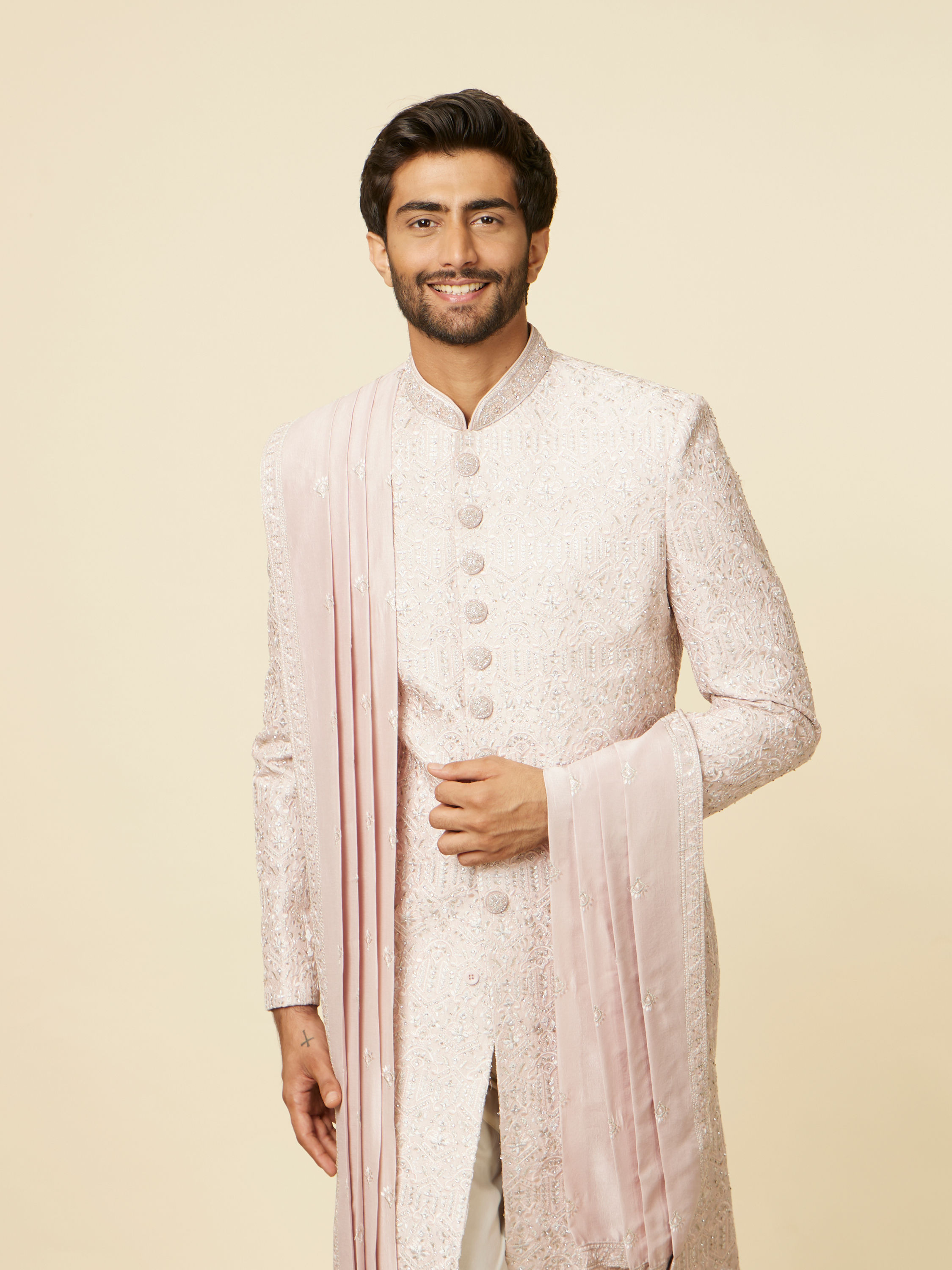 Manyavar Men Cloud Pink Self Patterned Rhinestone Embellished Sherwani Set