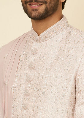 alt message - Manyavar Men Cloud Pink Self Patterned Rhinestone Embellished Sherwani Set image number 1