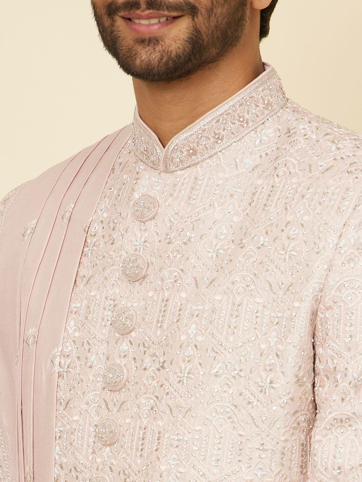 alt message - Manyavar Men Cloud Pink Self Patterned Rhinestone Embellished Sherwani Set image number 1