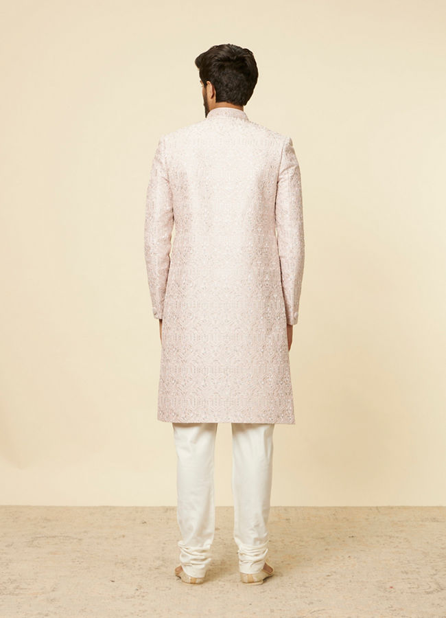 Manyavar Men Cloud Pink Self Patterned Rhinestone Embellished Sherwani Set
