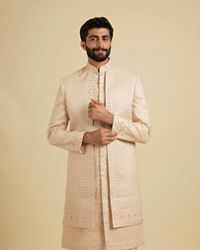 Manyavar Men Golden Glisten Beige Sherwani