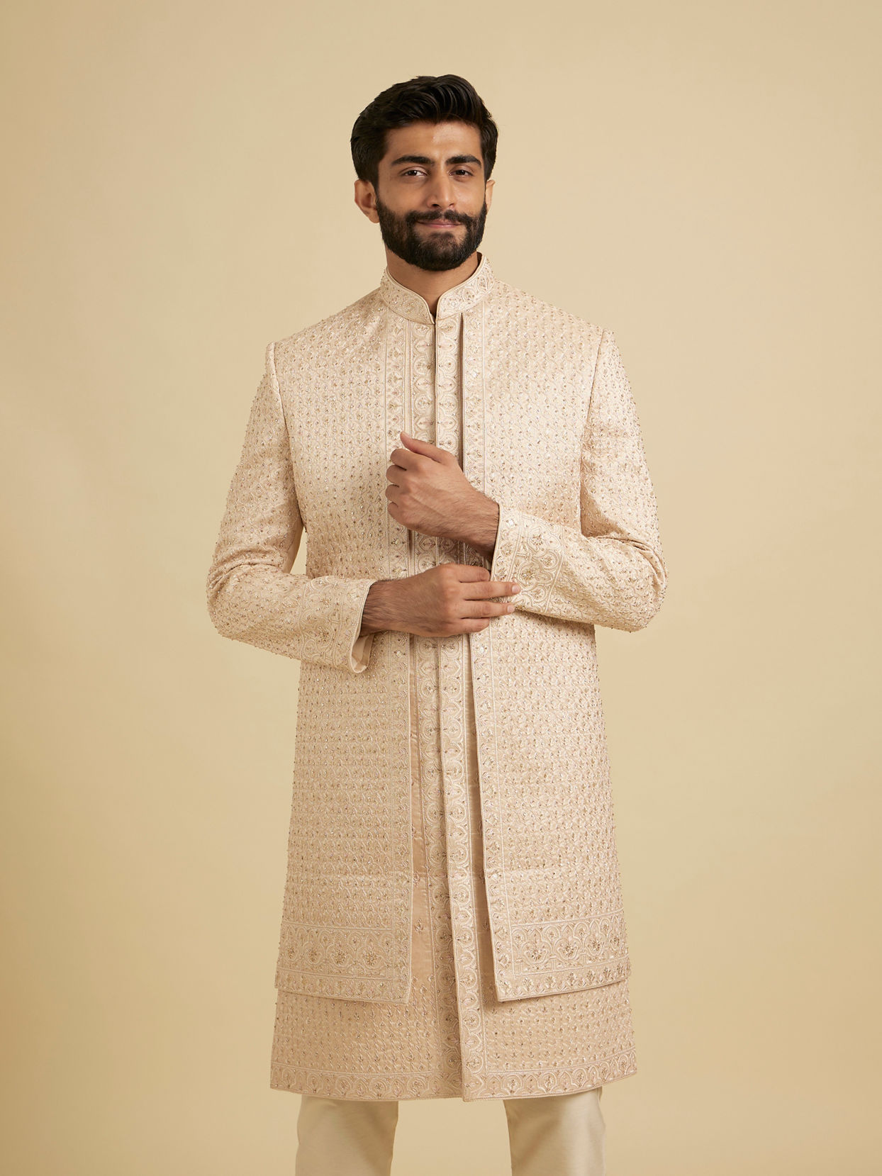 Manyavar Men Golden Glisten Beige Open Sherwani