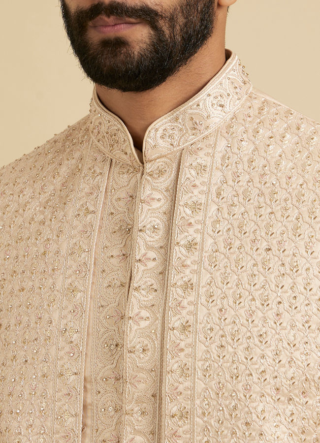 Manyavar Men Golden Glisten Beige Open Sherwani