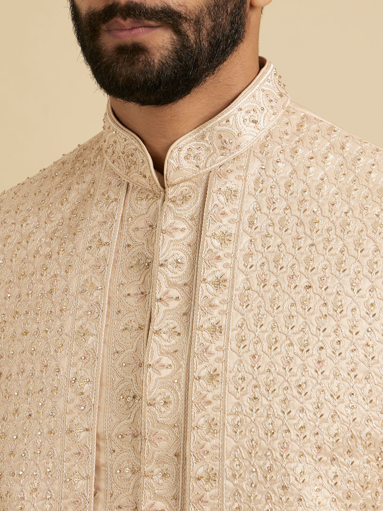 Manyavar Men Golden Glisten Beige Open Sherwani