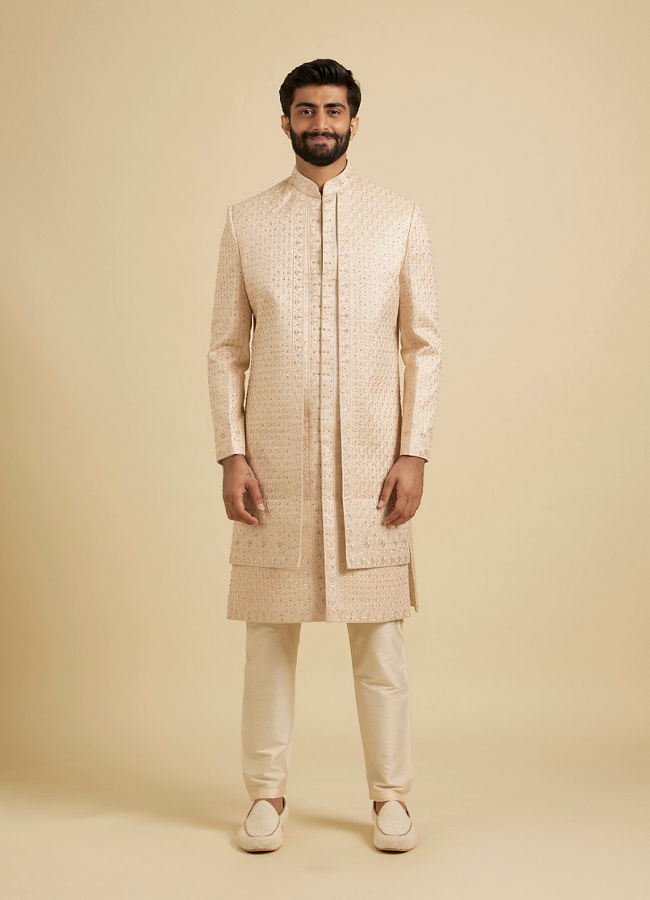 Manyavar Men Golden Glisten Beige Sherwani image number 2