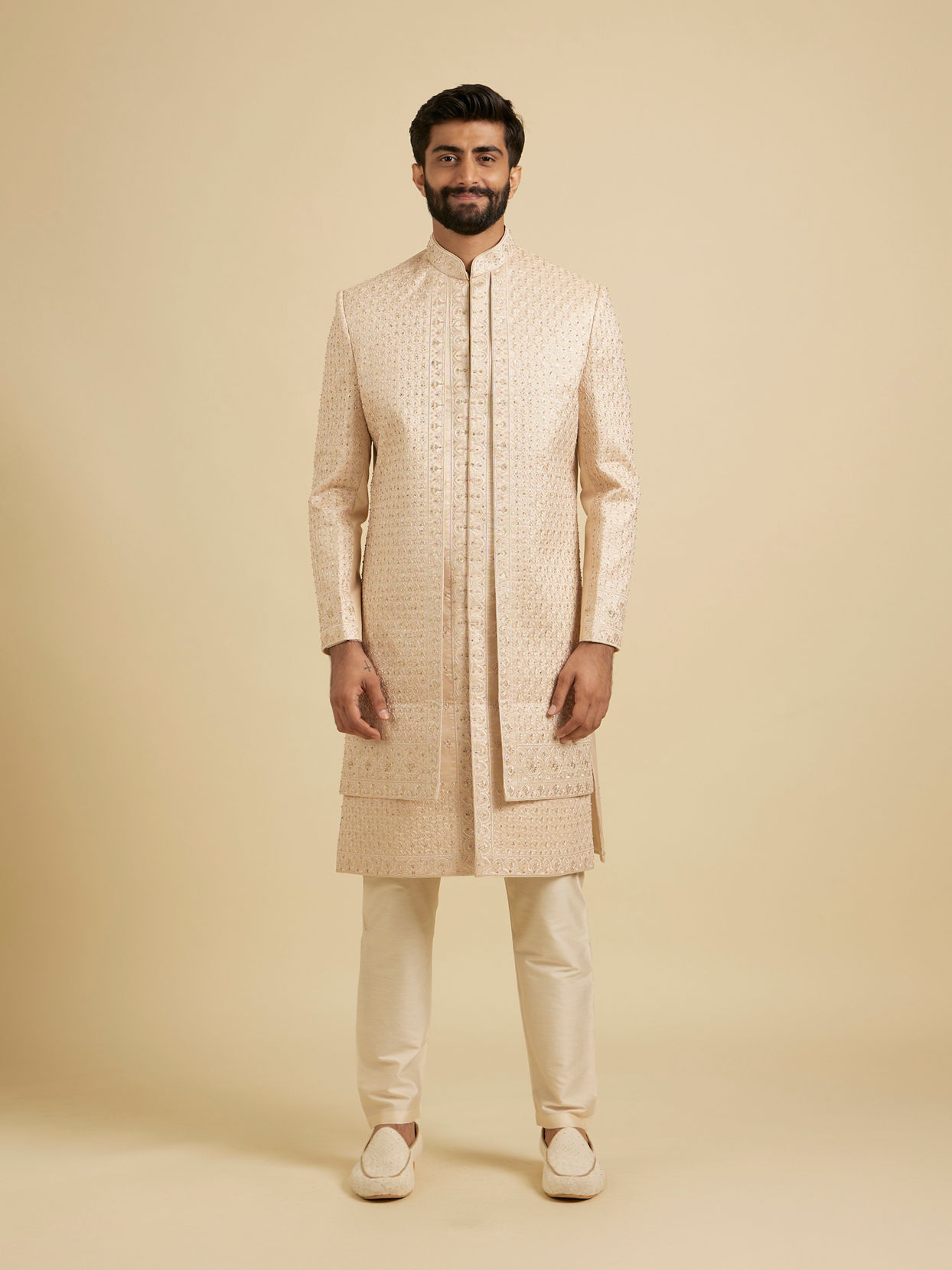 Manyavar Men Golden Glisten Beige Sherwani image number 2