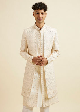 alt message - Manyavar Men Warm White Art Silk Sherwani image number 0