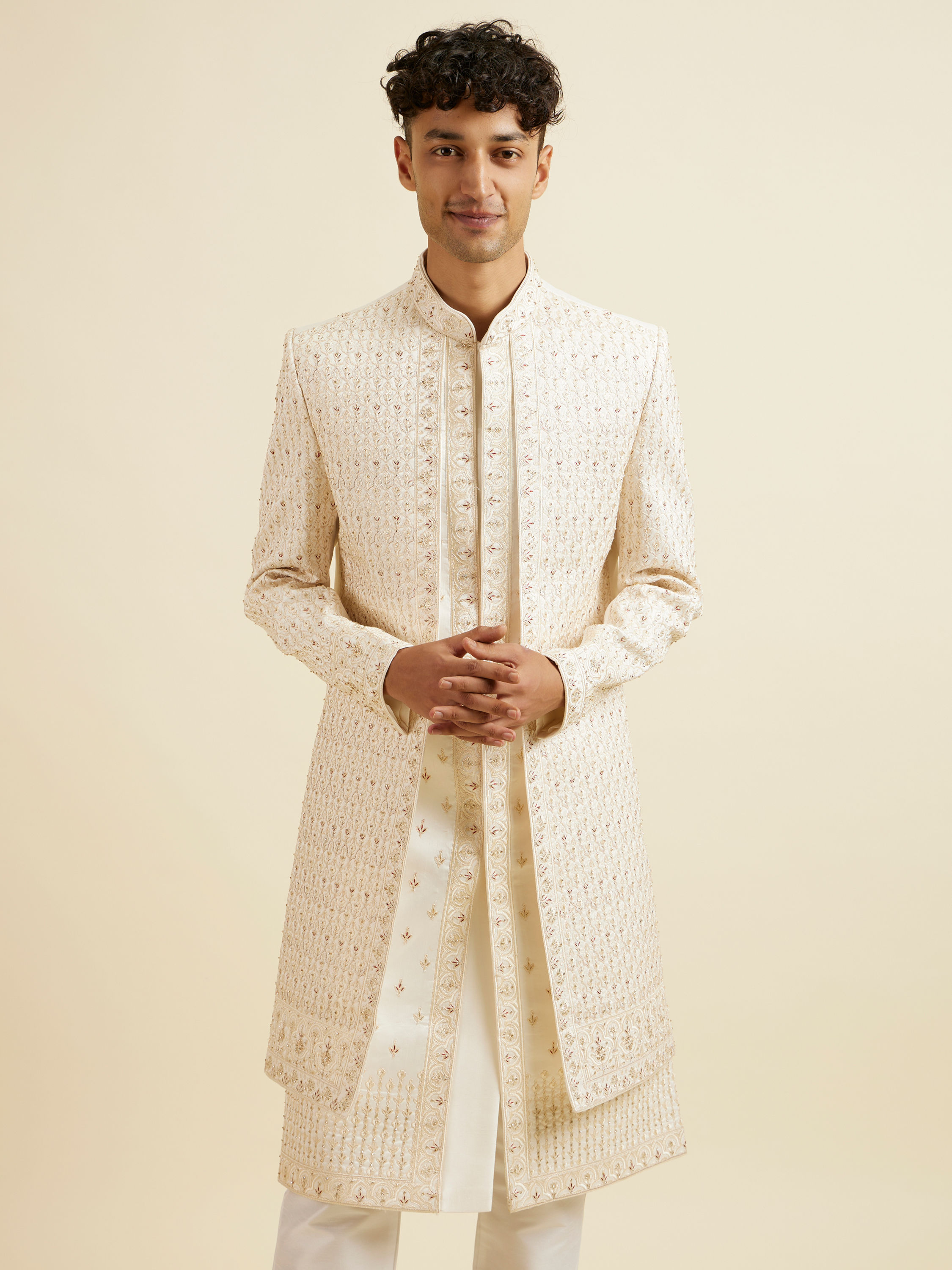 Manyavar Men Warm White Art Silk Sherwani