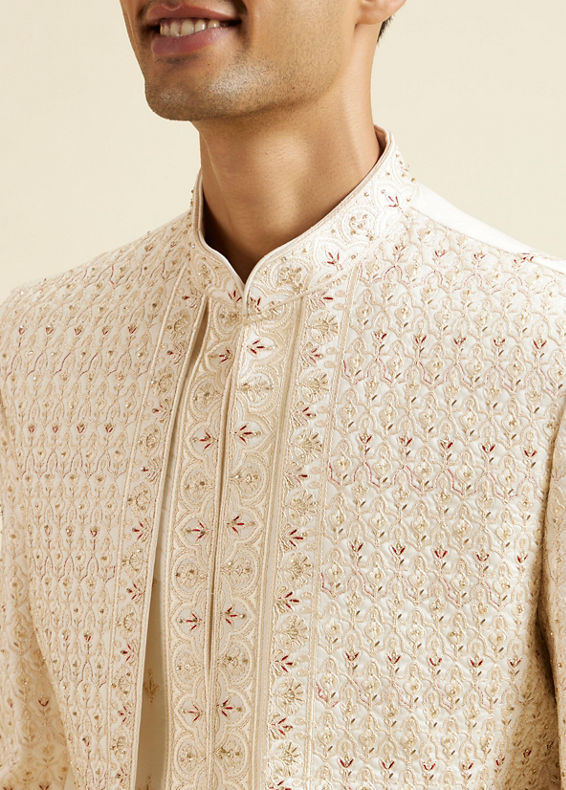 Manyavar Men Warm White Art Silk Sherwani