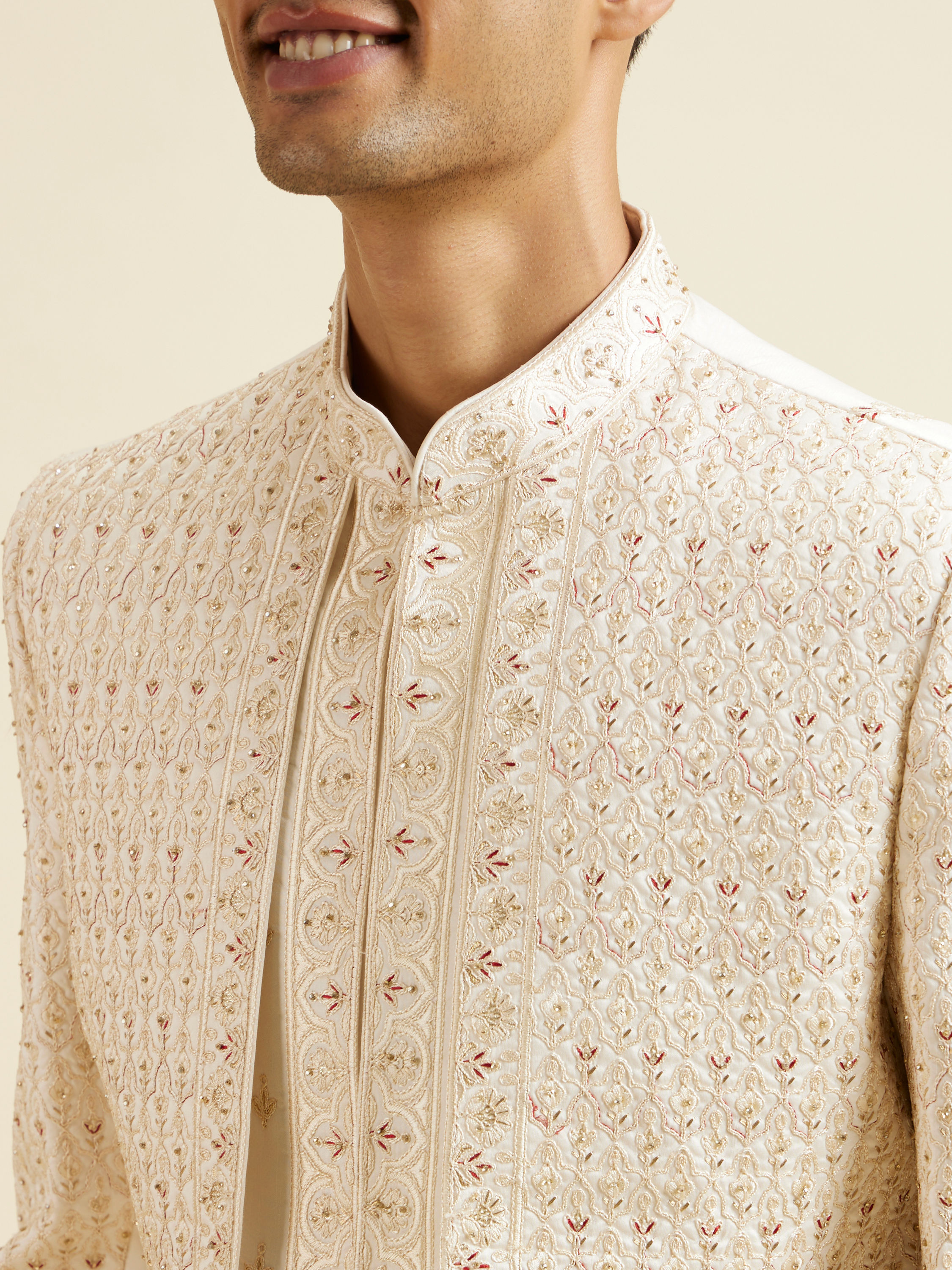 Manyavar Men Warm White Art Silk Sherwani