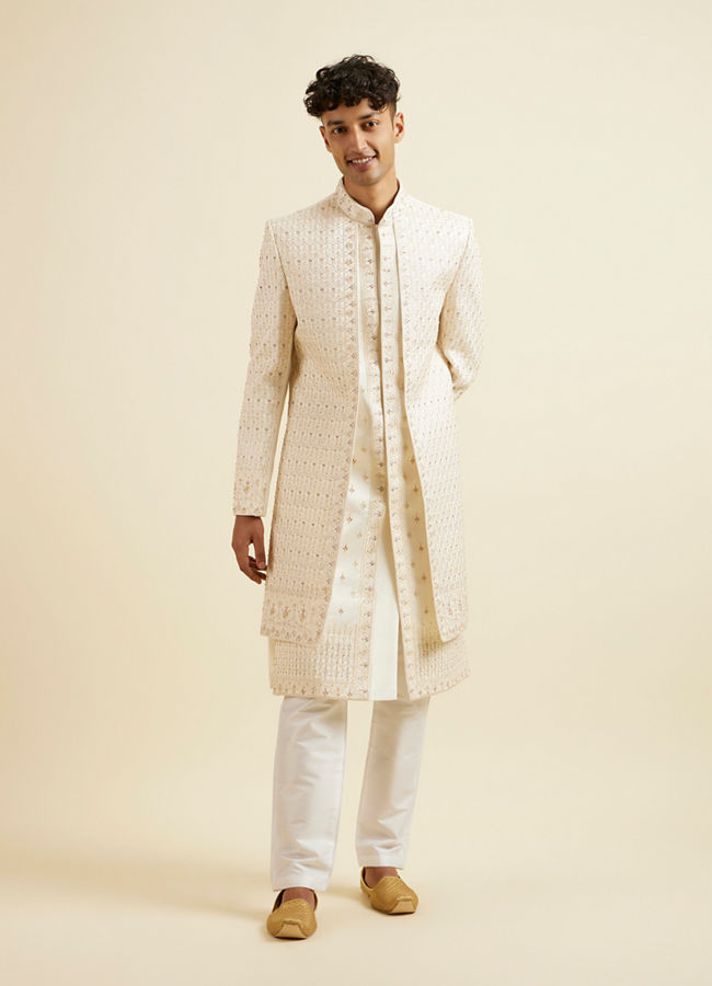 Manyavar Men Warm White Art Silk Sherwani