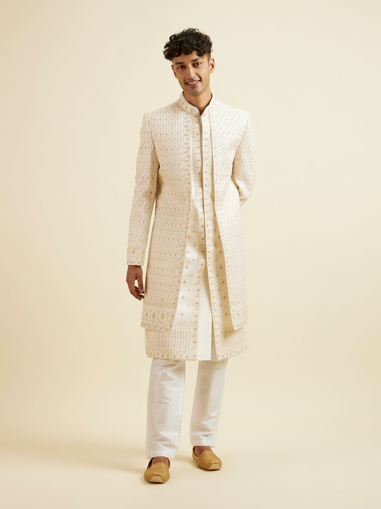 Manyavar Men Warm White Art Silk Sherwani