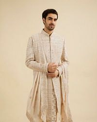 Manyavar Men Cream Beige Imperial Embroidered Sherwani Set with Sequin Work