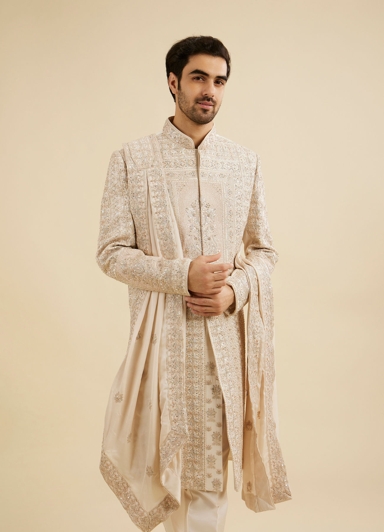 Manyavar Men Cream Beige Imperial Embroidered Sherwani Set with Sequin Work