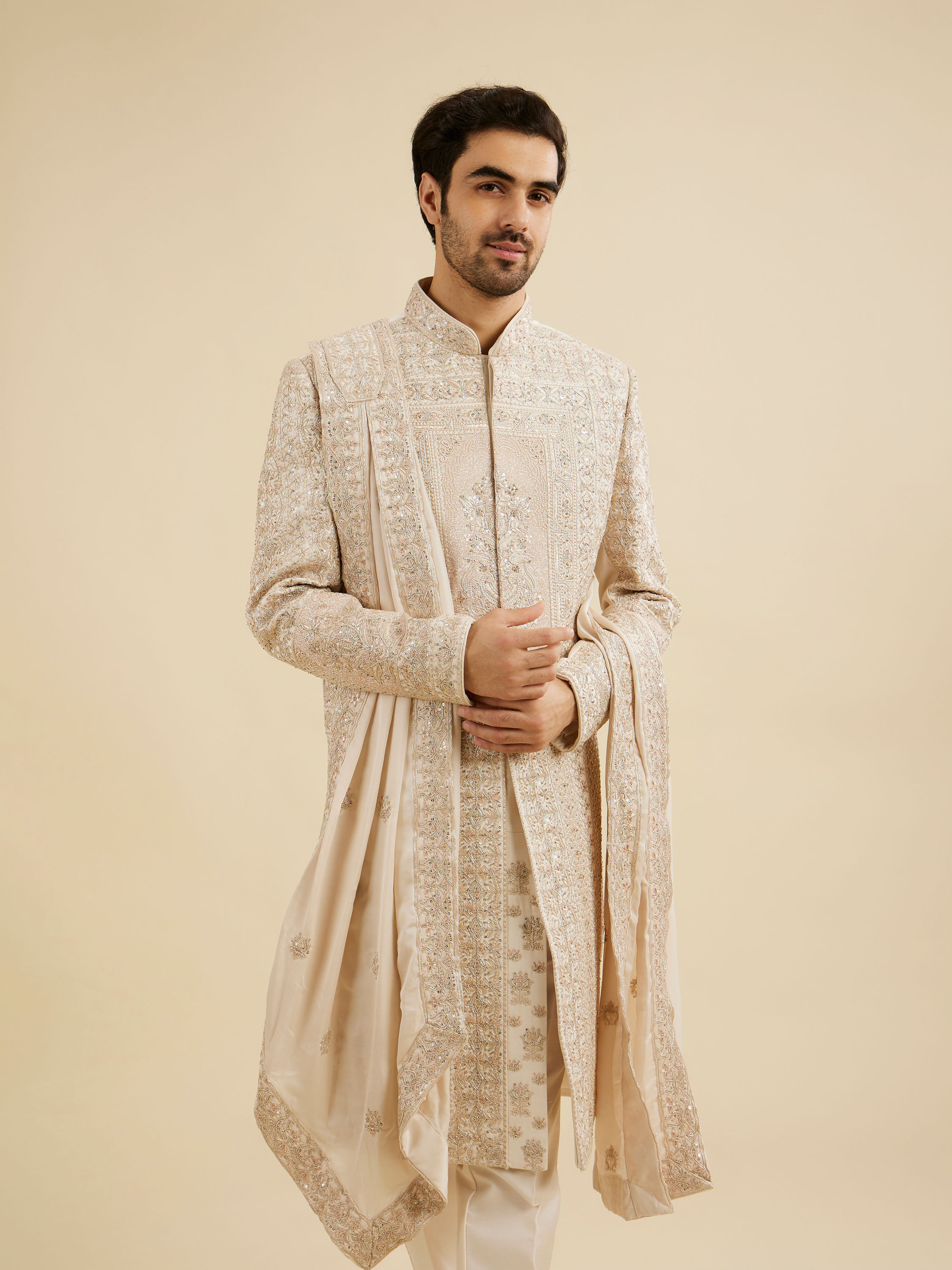 Manyavar Men Cream Beige Imperial Embroidered Sherwani Set with Sequin Work