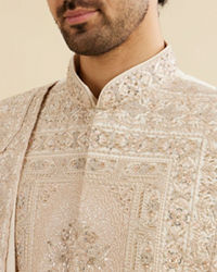 Manyavar Men Cream Beige Imperial Embroidered Sherwani Set with Sequin Work