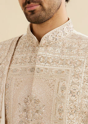 Manyavar Men Cream Beige Imperial Embroidered Sherwani Set with Sequin Work