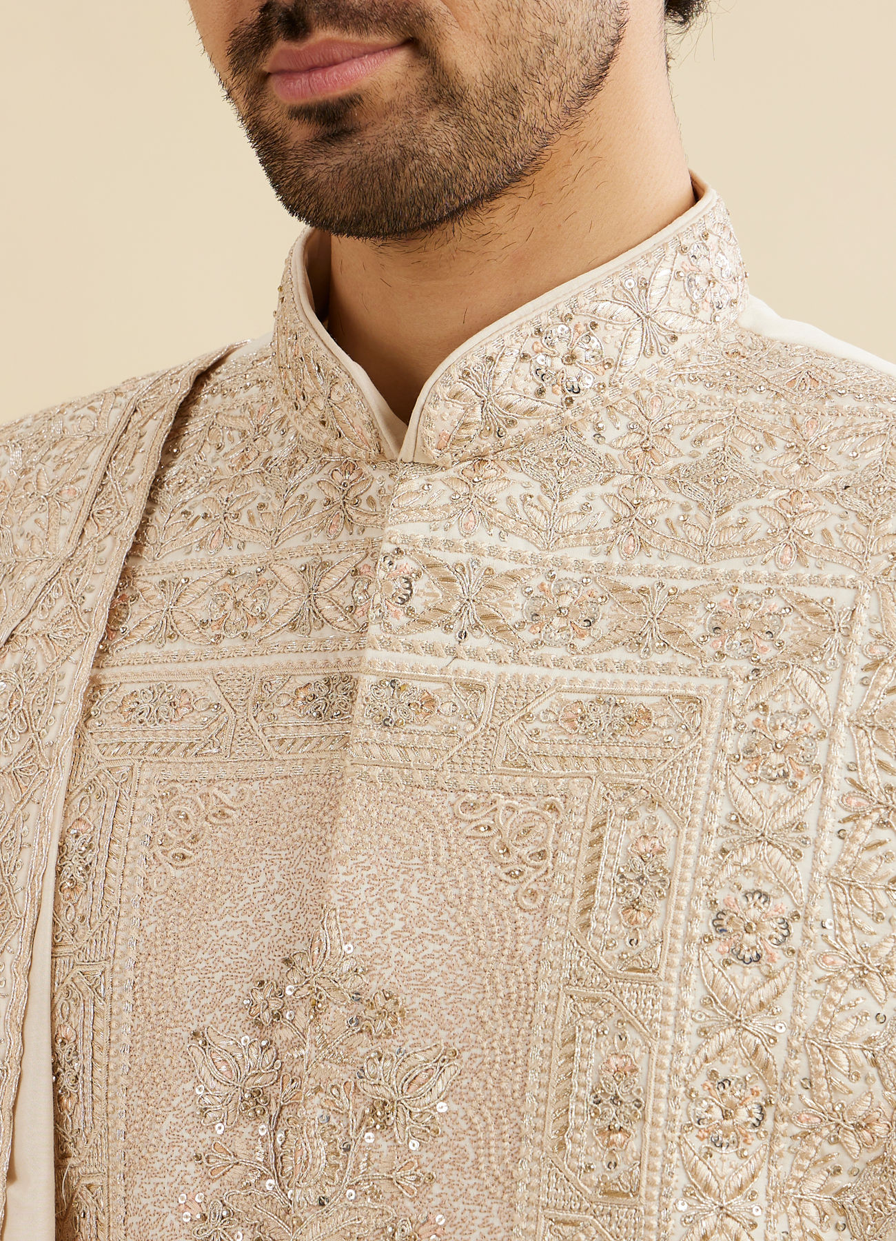 Manyavar Men Cream Beige Imperial Embroidered Sherwani Set with Sequin Work