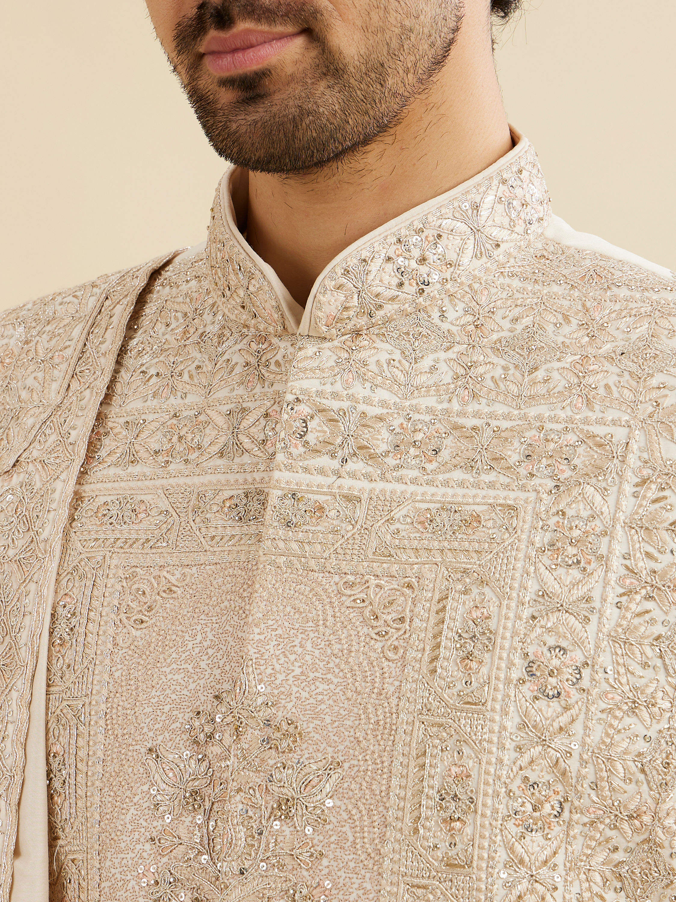 Manyavar Men Cream Beige Imperial Embroidered Sherwani Set with Sequin Work