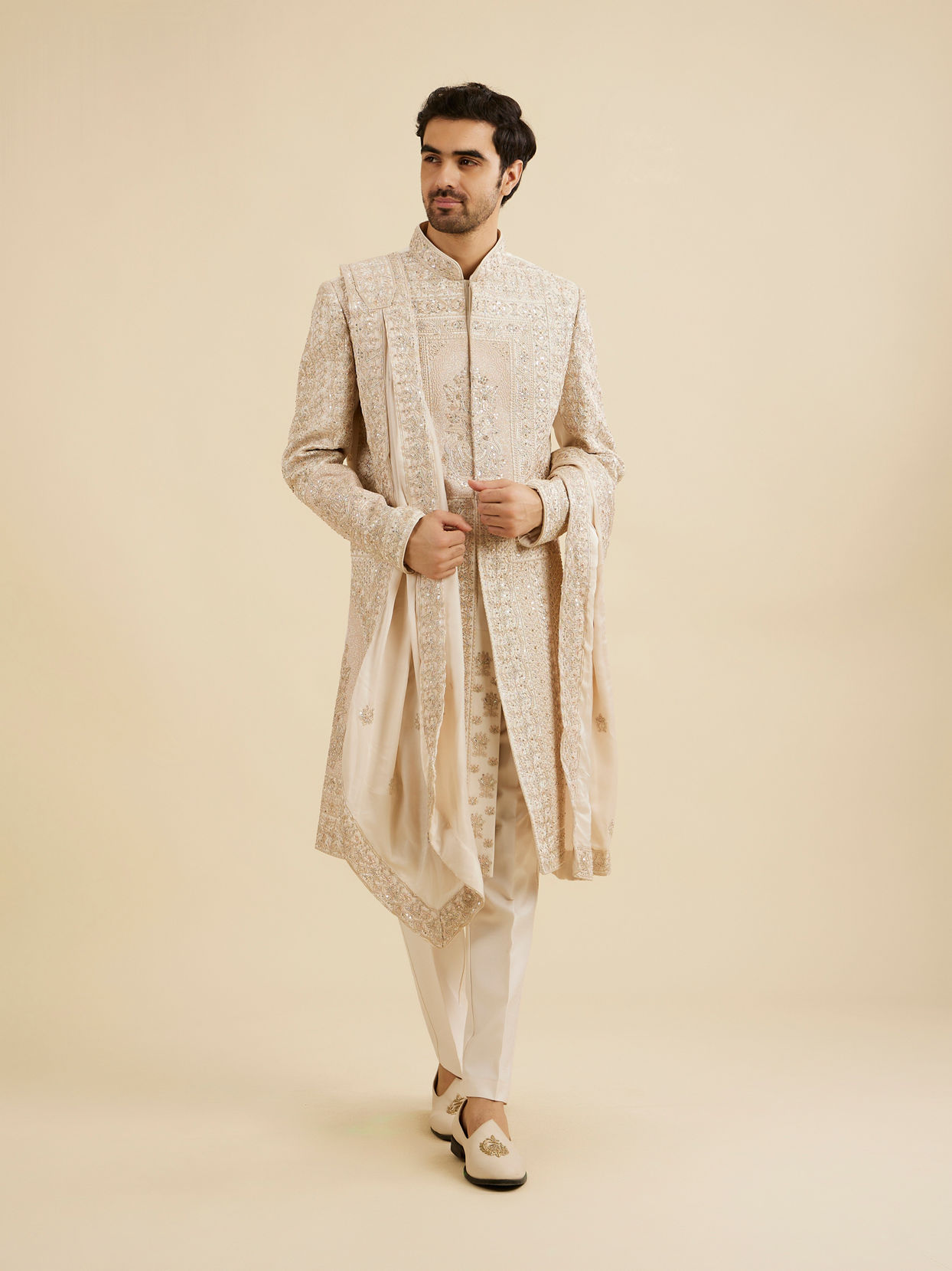 Manyavar Men Cream Beige Imperial Embroidered Sherwani Set with Sequin Work