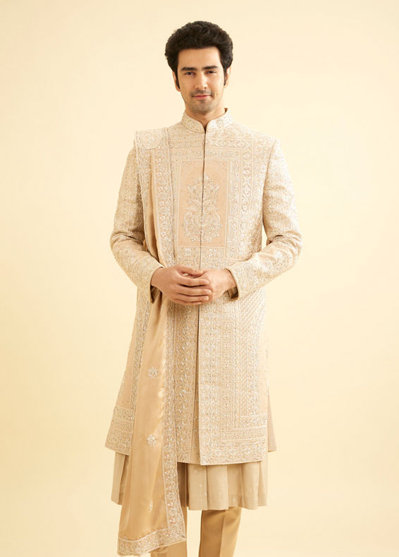 Manyavar Men Fawn Imperial Embroidered Sherwani Set with Sequin Work