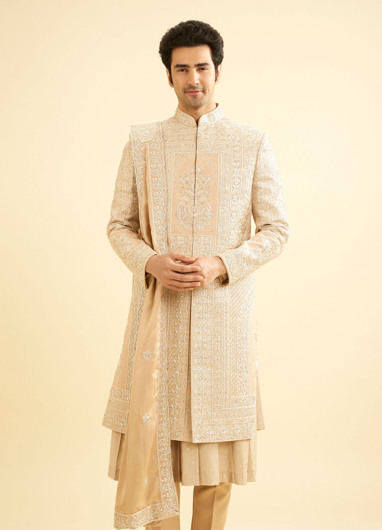 Manyavar Men Fawn Imperial Embroidered Sherwani Set with Sequin Work