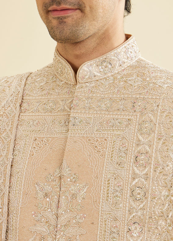 Manyavar Men Fawn Imperial Embroidered Sherwani Set with Sequin Work