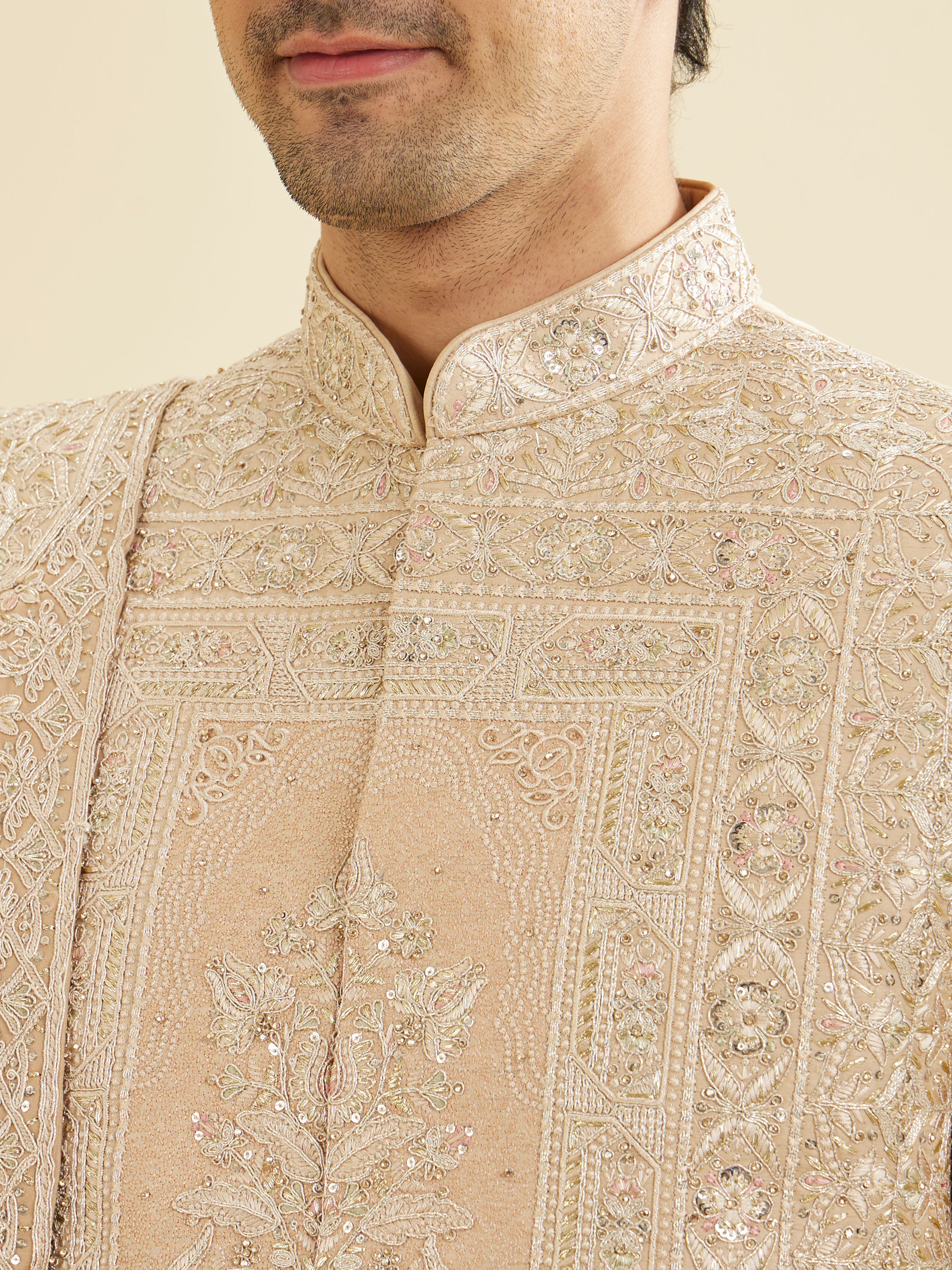 Manyavar Men Fawn Imperial Embroidered Sherwani Set with Sequin Work