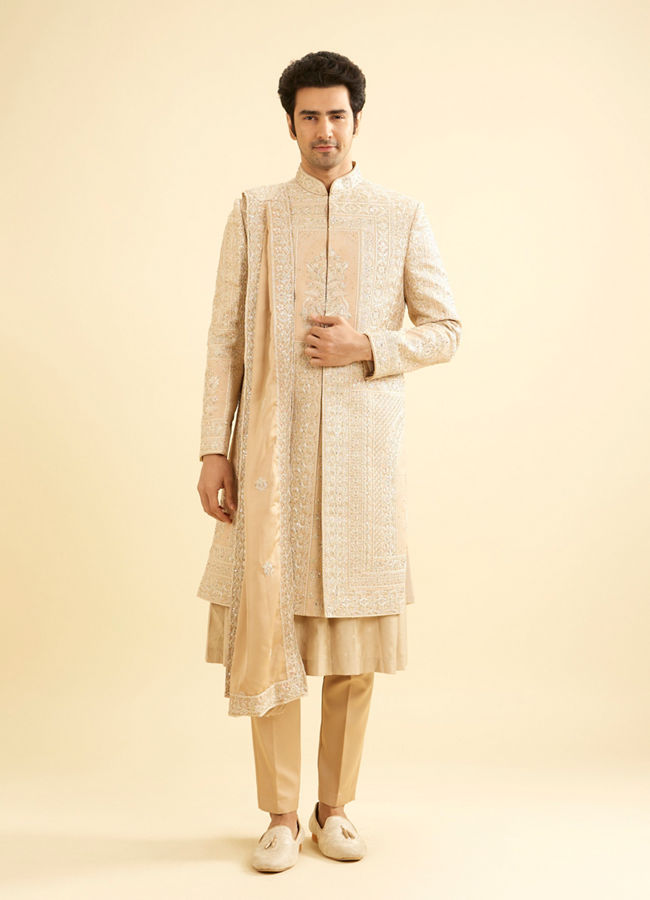 Manyavar Men Fawn Imperial Embroidered Sherwani Set with Sequin Work