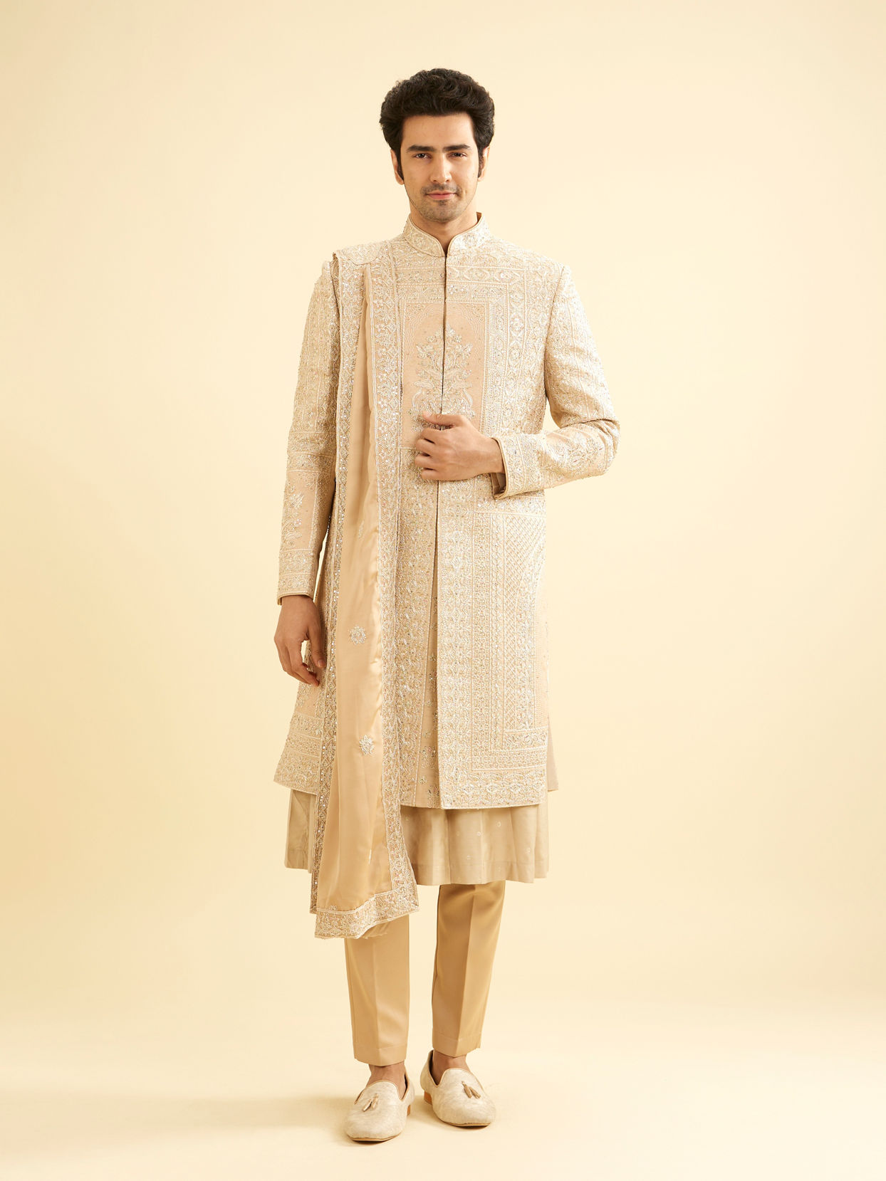 Manyavar Men Fawn Imperial Embroidered Sherwani Set with Sequin Work