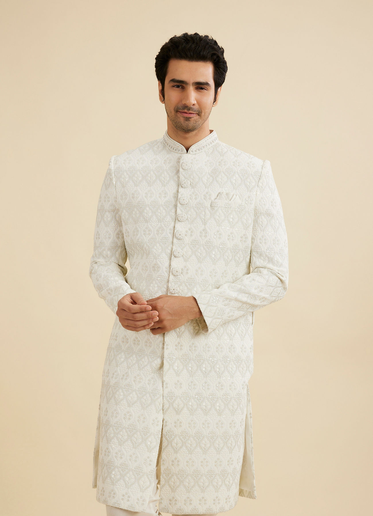 Manyavar Men Warm White Floral Jaal Embroidered Sherwani Set with Sequin Work