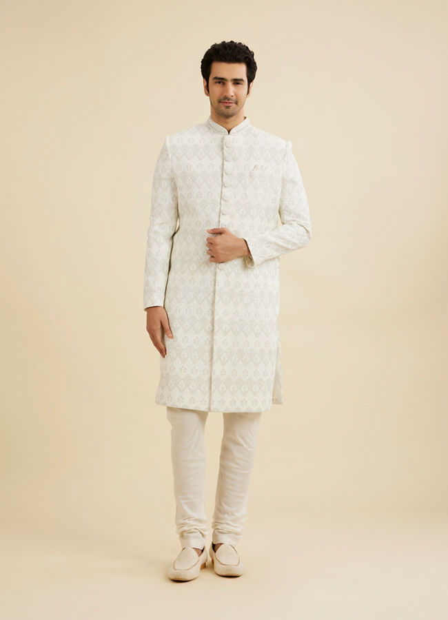 Manyavar Men Warm White Floral Jaal Embroidered Sherwani Set with Sequin Work