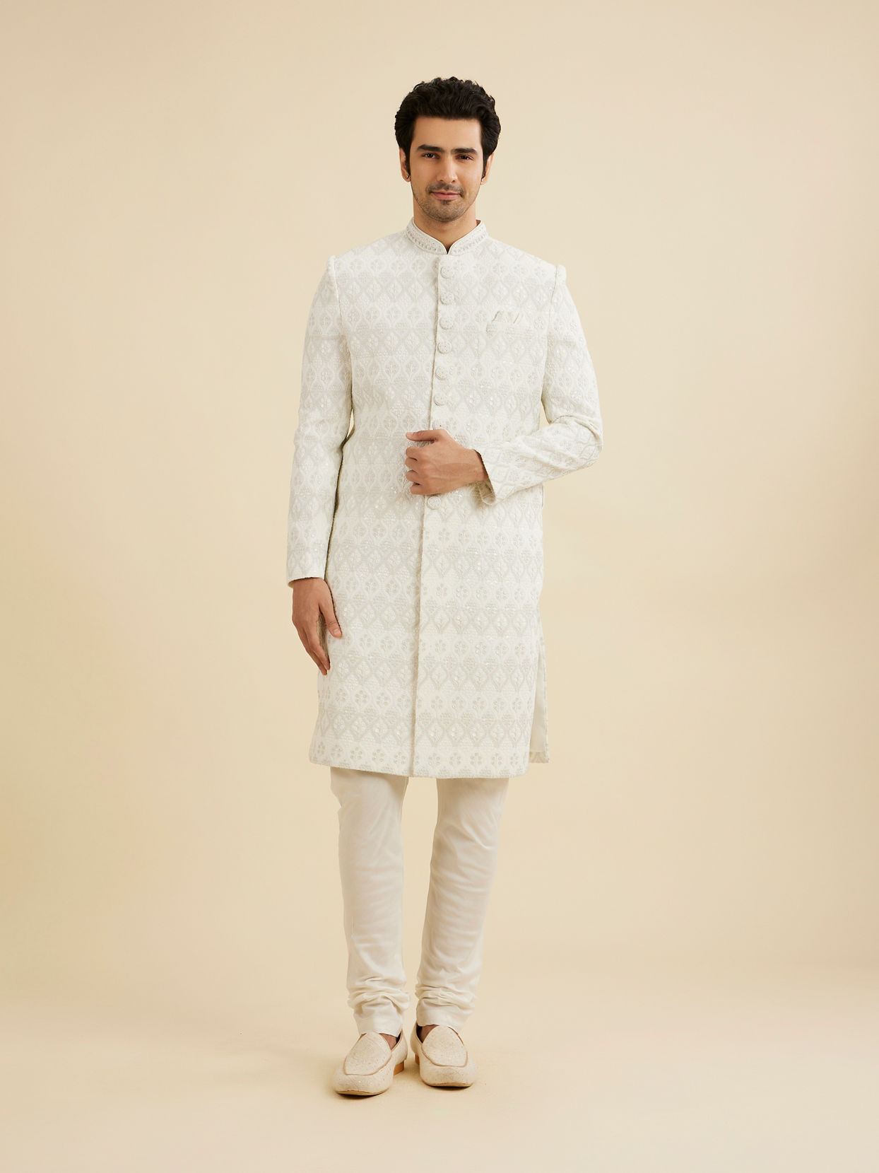 Manyavar Men Warm White Floral Jaal Embroidered Sherwani Set with Sequin Work