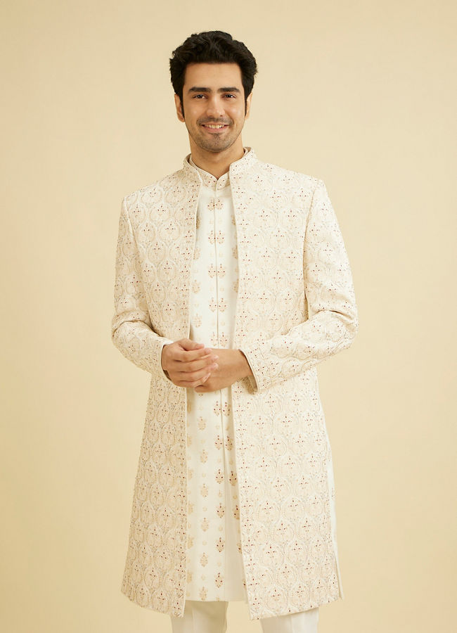 Manyavar Men Warm White Satin Magnificence Open Sherwani