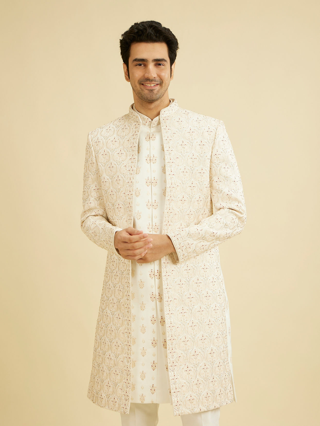 Manyavar Men Warm White Satin Magnificence Open Sherwani